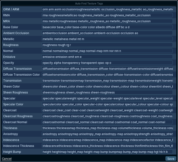 Tridi Preferences with Auto find texture settings and filename tag fields expanded