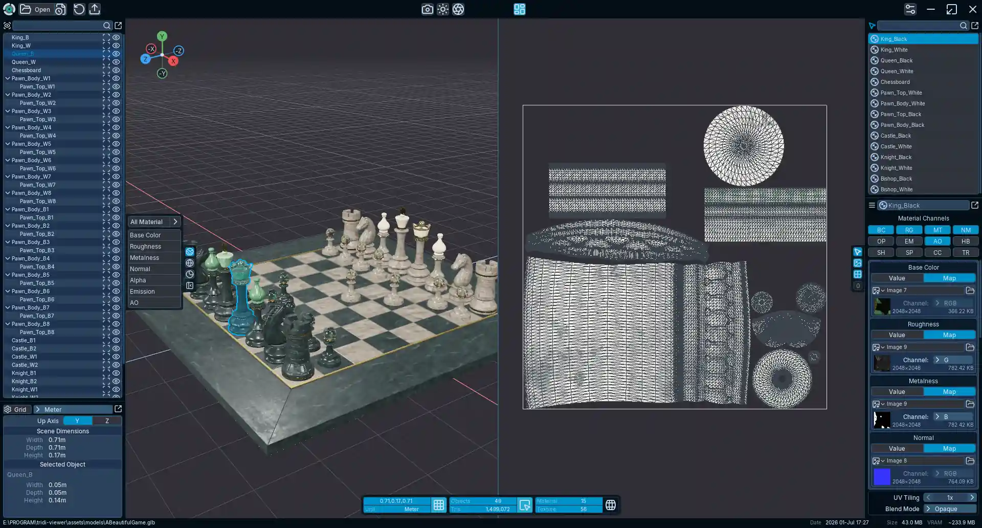 Tridi Viewer showing the Objects and Dimensions panels, a 3D chess scene, UV View, Material Properties, the toolbar, and model status details