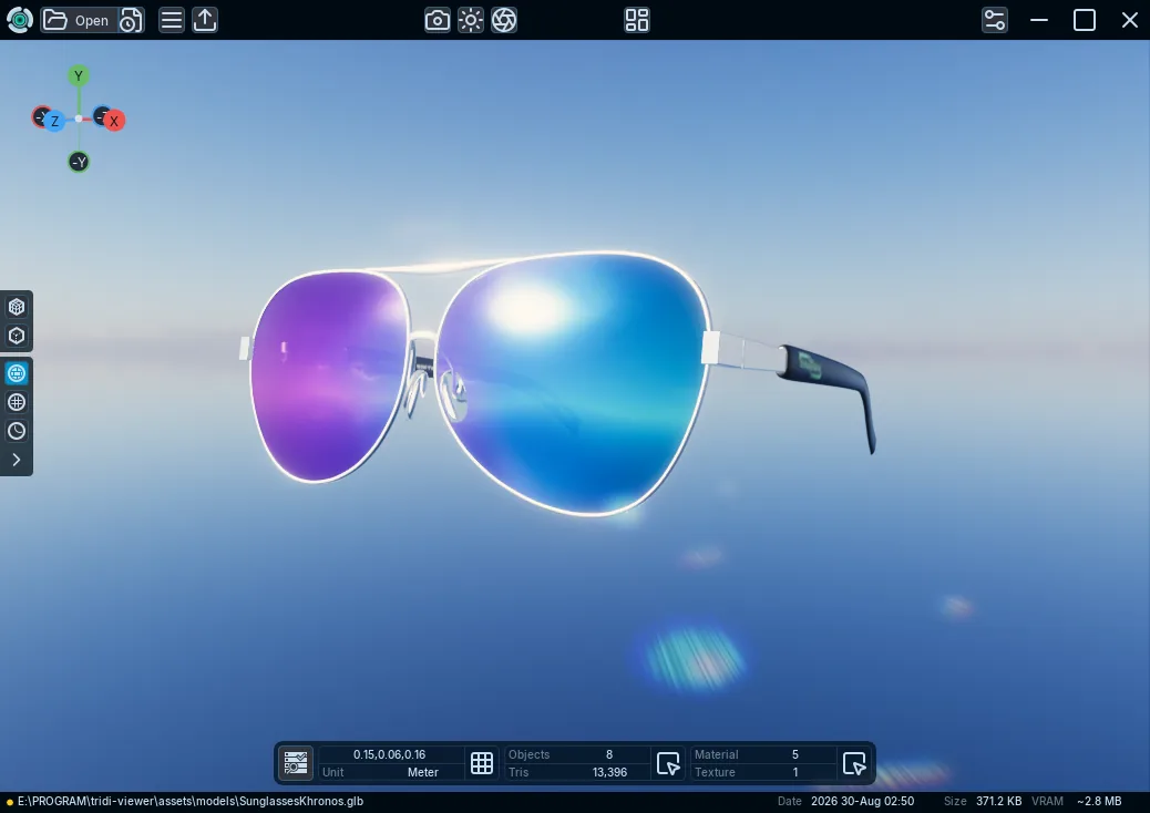A reflective vehicle in Tridi Viewer showing bright glare and reflections from a custom HDR environment