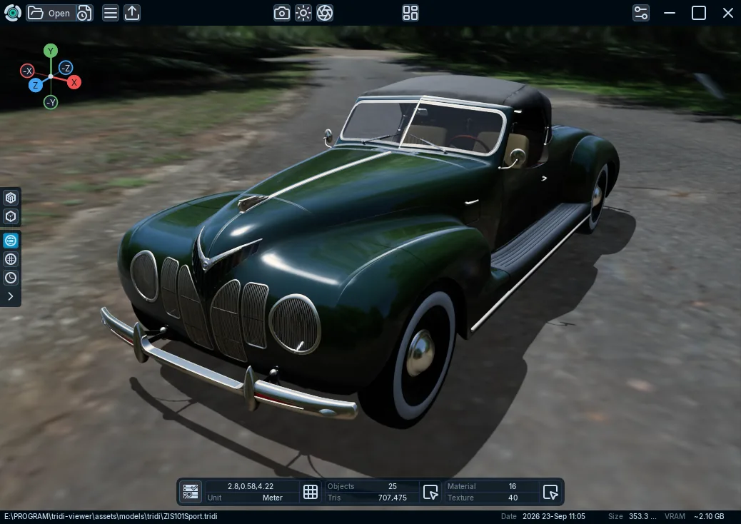 A classic car in Tridi Viewer placed naturally into a road environment using Custom HDR Ground Projection