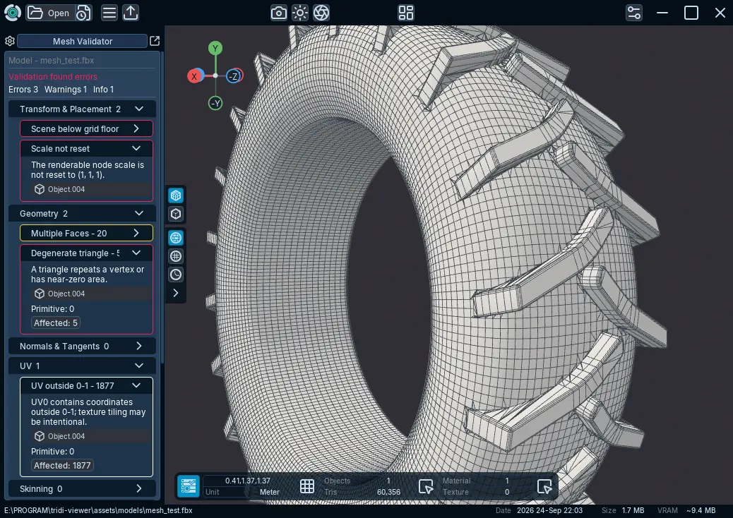 A tire mesh shown with source topology and geometry validation results in Tridi